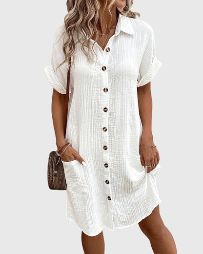 Comfortable Linen Shirt Dress for Women with Collared Button Down Short Sleeve Casual Mini Style