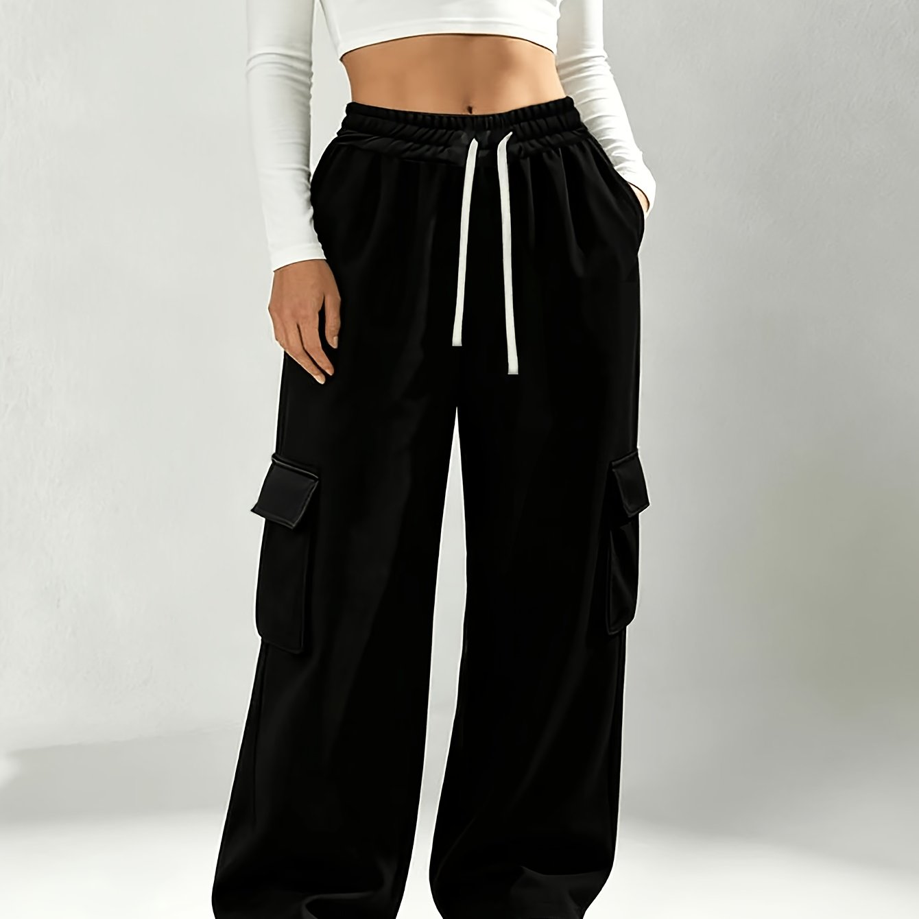Effortless Black Cargo Pants for Women with Drawstring High Waist Wide Leg Style