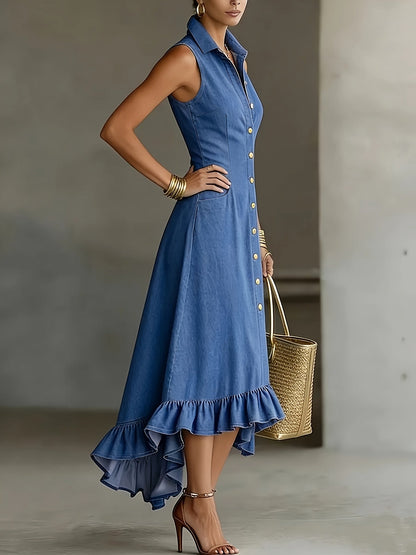 Elegant Blue Midi Dress for Women with Mock Neck Sleeveless Ruffle Hem Style