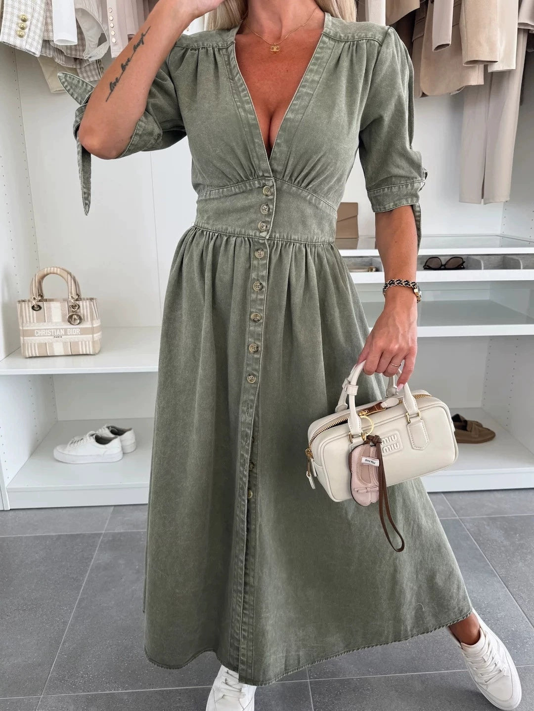 Effortless Denim Midi Dress for Women with V Neck Short Sleeve