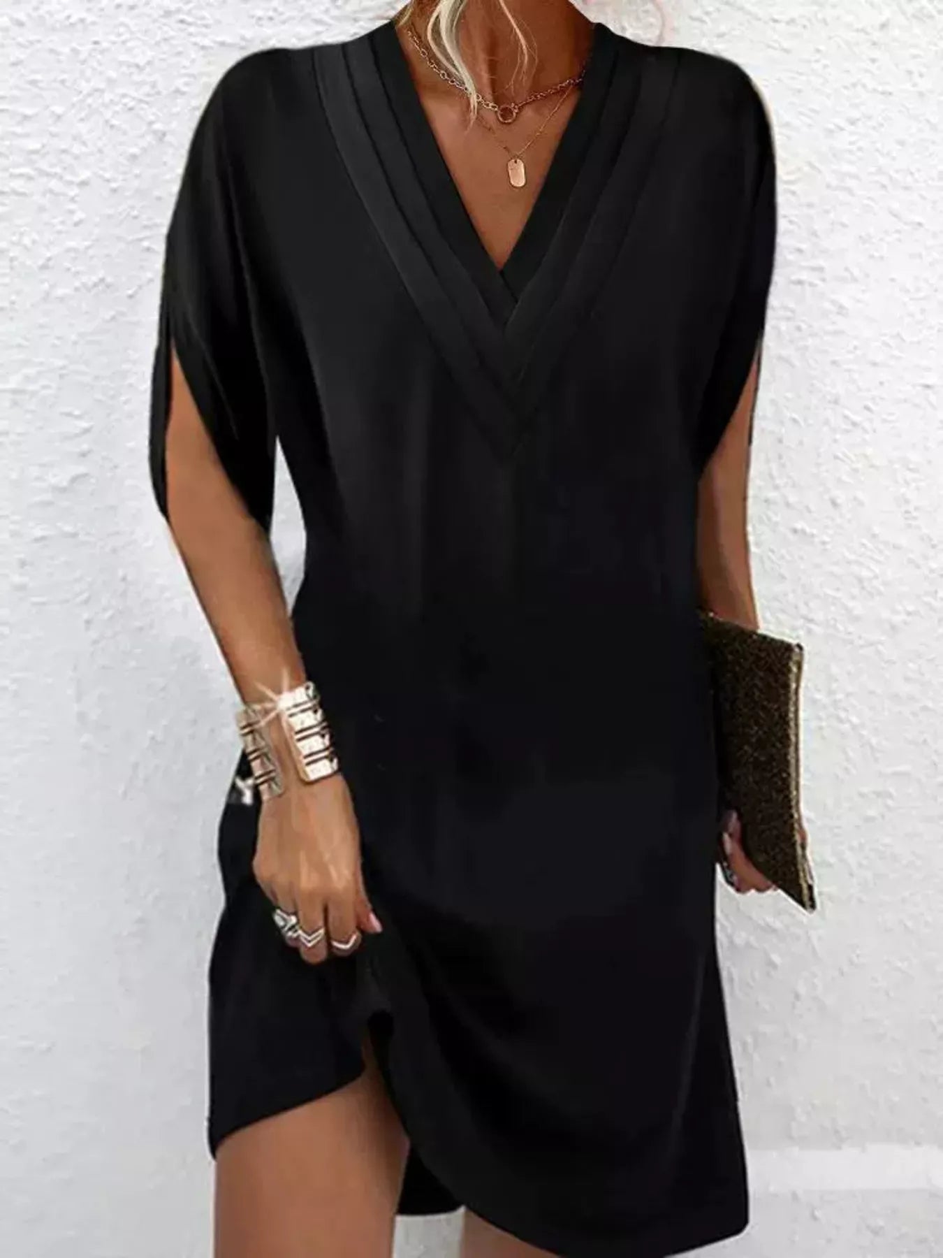 Stylish Mini Dress for Women with V Neck Slit