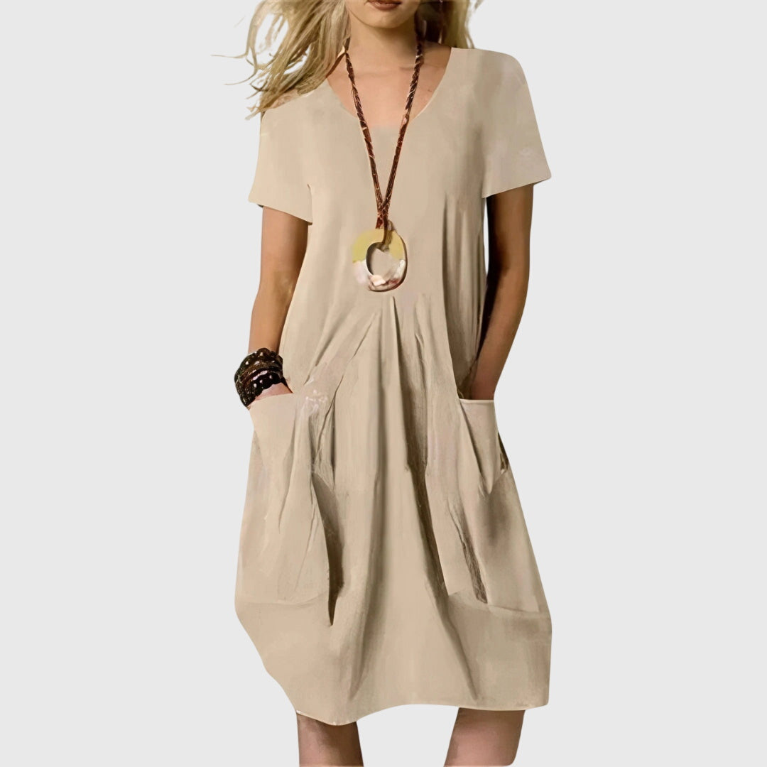 Comfortable V Neck Casual Dresses for Women with Short Sleeve Pleated Front Pocket Relaxed Midi Style