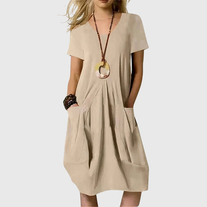 Comfortable V Neck Casual Dresses for Women with Short Sleeve Pleated Front Pocket Relaxed Midi Style