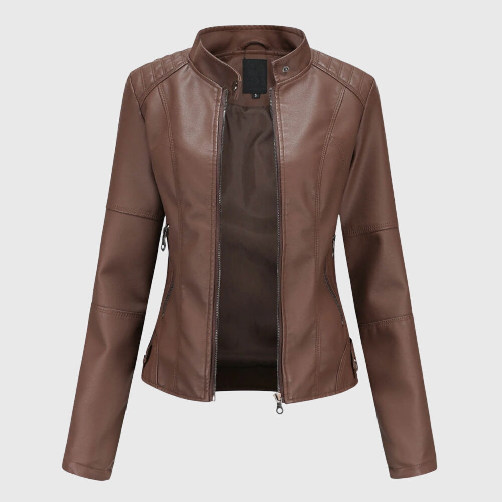 Elegant Leather Jacket for Women with Stand Collar Zip Front Fitted Style