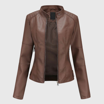Elegant Leather Jacket for Women with Stand Collar Zip Front Fitted Style
