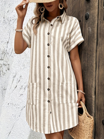 Effortless Striped Shirt Dress for Women with Short Sleeve Belted