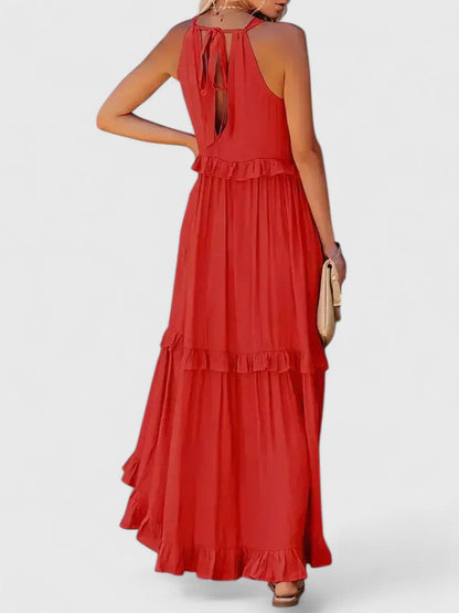 Effortless Ruffle Maxi Dresses for Women with Halter Neck Sleeveless Two Tone Casual Sundress Style