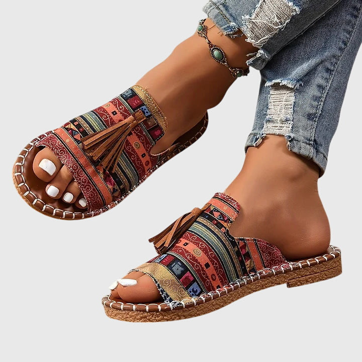 Comfortable Sandals for Women with Toe Ring Tassel Detail Ethnic Print Flat Sole Casual Flip Flop Style