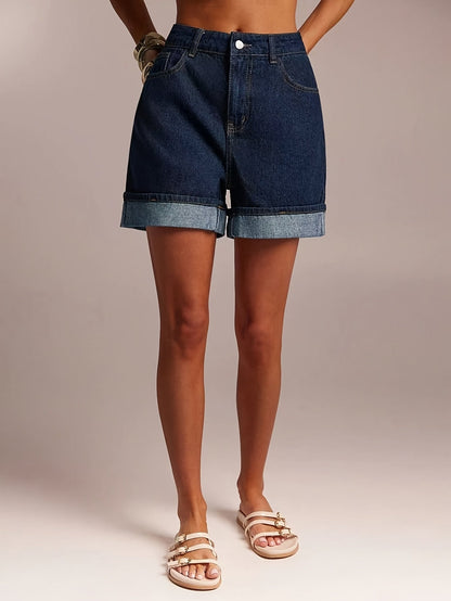 Effortless Medium Blue Denim Shorts for Women with Cuffed Hem High Waist Pocket Style