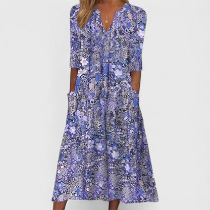 Effortless Floral Print Casual Dresses for Women with V Neck 3/4 Sleeve Relaxed Pocket Midi Style