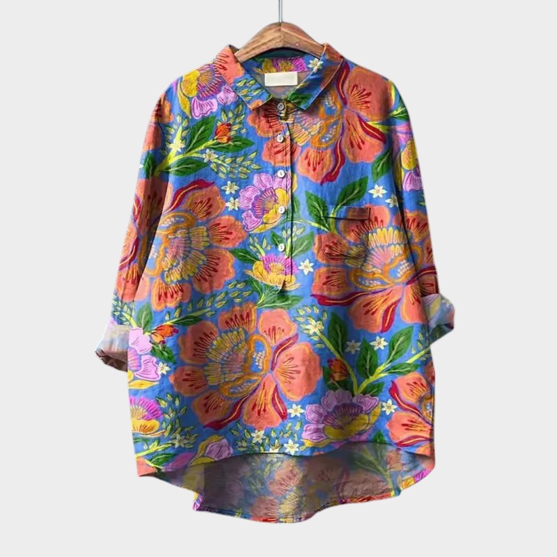 Effortless Floral Print Blouse for Women with Shirt Collar Long Sleeve Curved Hem Relaxed Style