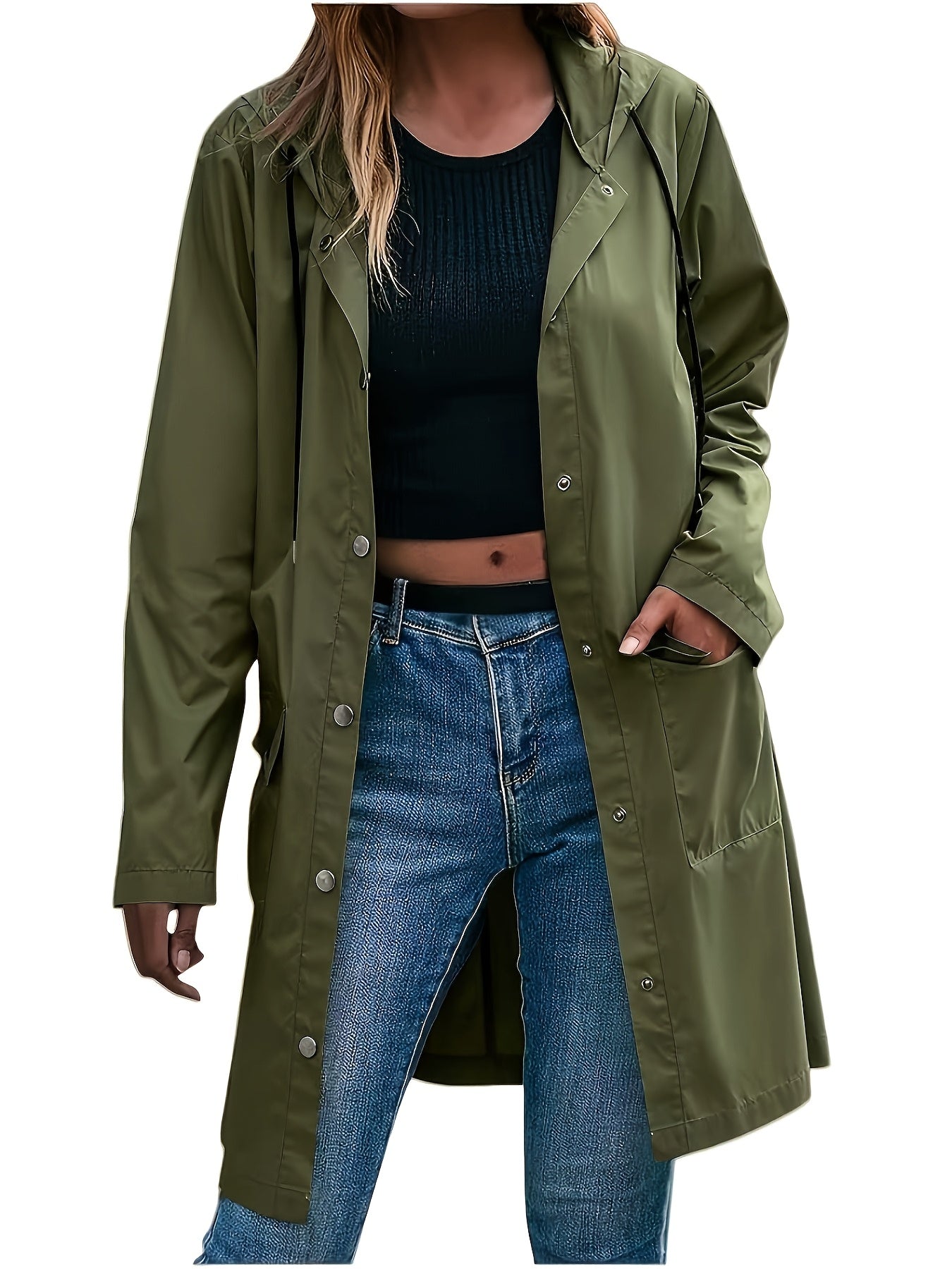 Effortless Hooded Jacket for Women with Button Front Longline Patch Pocket Style