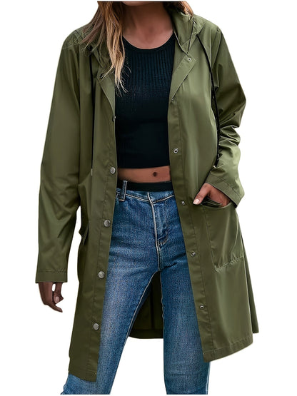 Effortless Hooded Jacket for Women with Button Front Longline Patch Pocket Style