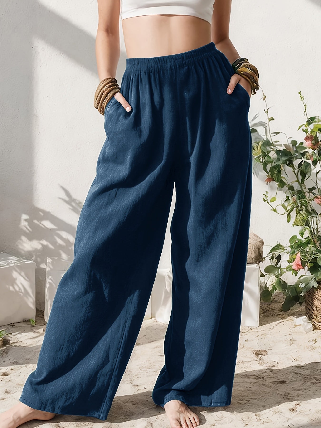 Stylish Wide Leg Linen Pants for Women with High Waist Relaxed Pocket Detail