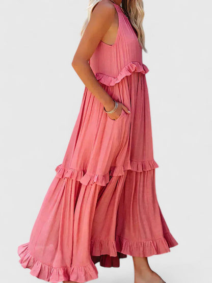Effortless Ruffle Maxi Dresses for Women with Halter Neck Sleeveless Two Tone Casual Sundress Style