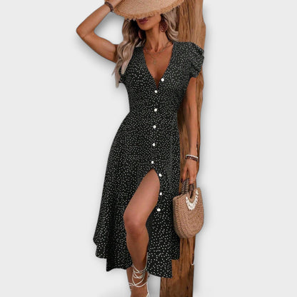 Effortless Polka Dot Midi Dress for Women with Deep V Neck Button Down Flutter Sleeve Casual Style