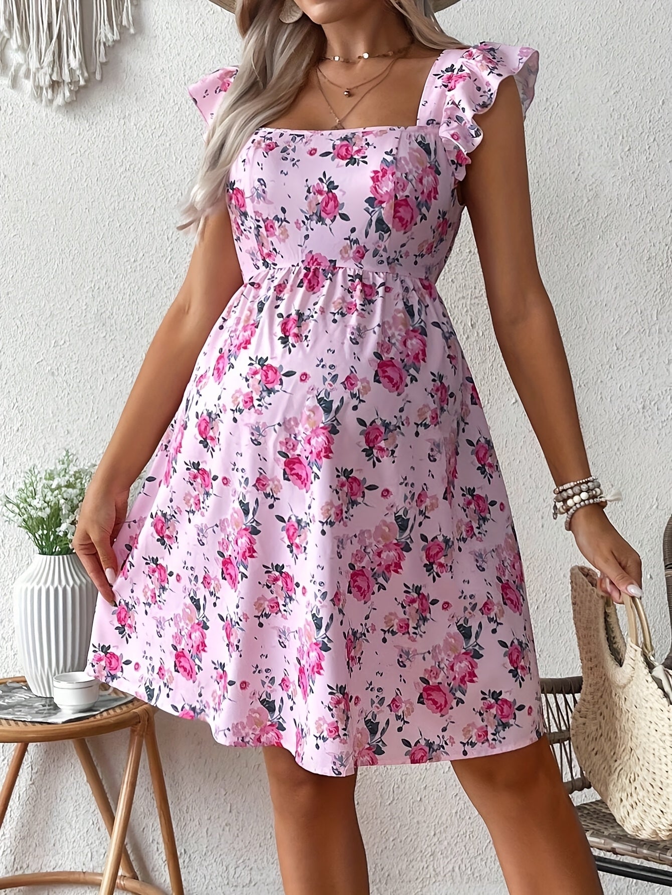 Stylish Floral Maternity Dress for Women with Square Neck Ruffle Strap Empire Waist Casual Style