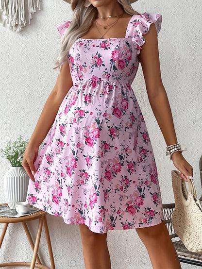 Stylish Floral Maternity Dress for Women with Square Neck Ruffle Strap Empire Waist Casual Style