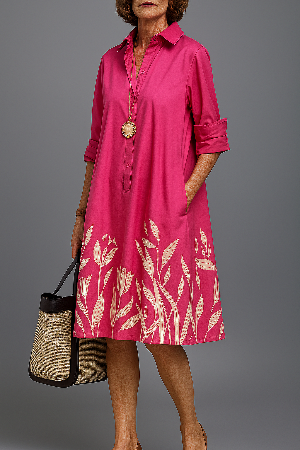 Stylish Pink Midi Dress for Women with Long Sleeve