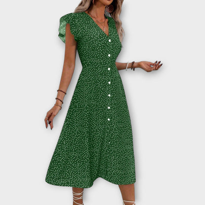 Effortless Polka Dot Midi Dress for Women with Deep V Neck Button Down Flutter Sleeve Casual Style