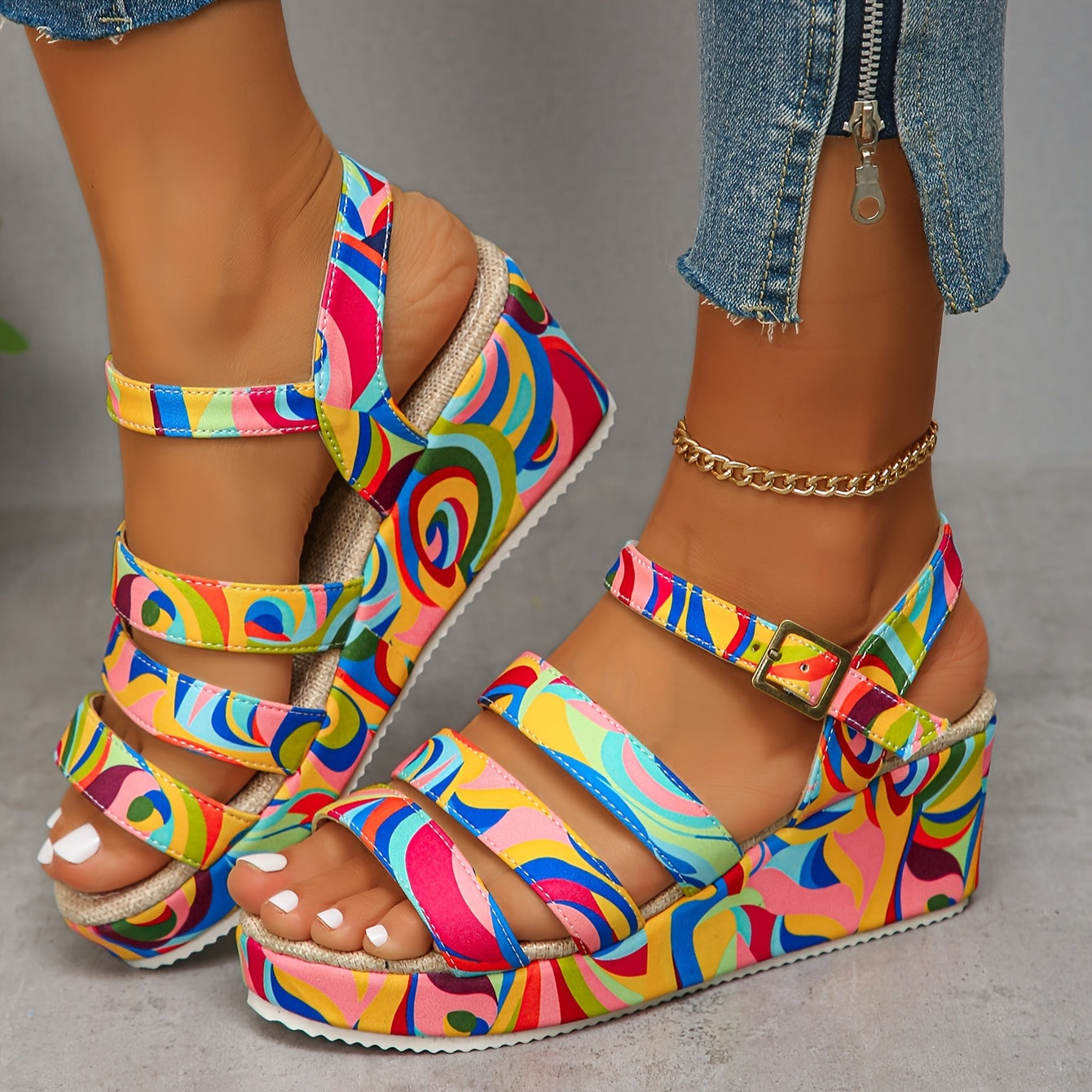 Comfortable Multicolour Wedge Sandals for Women with Platform Strappy Ankle Strap Style
