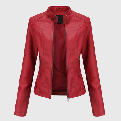 Elegant Leather Jacket for Women with Stand Collar Zip Front Fitted Style