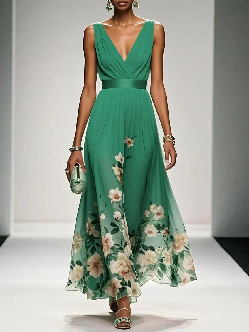 Elegant Floral Maxi Dress for Women with Deep V-Neck Sleeveless Formal Wedding Guest Style