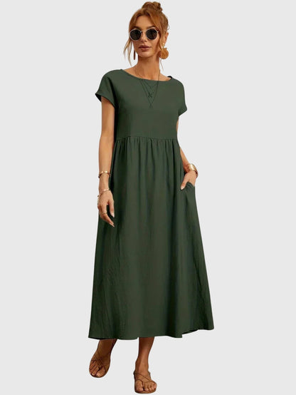 Effortless Round Neck Maxi Dress for Women with Short Sleeve Empire Waist Pocket Casual Style