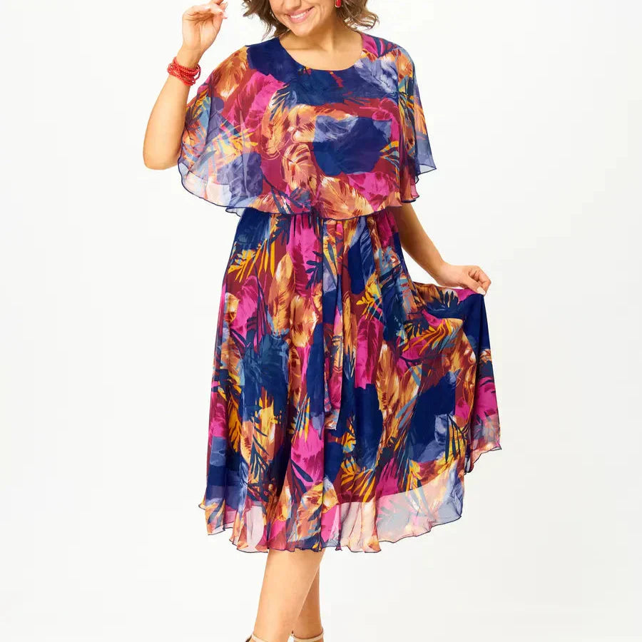 Elegant Floral Midi Dress for Women with Round Neck Short Sleeve