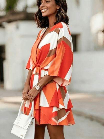 Effortless Wrap Mini Dress for Women with V Neck Batwing Sleeve