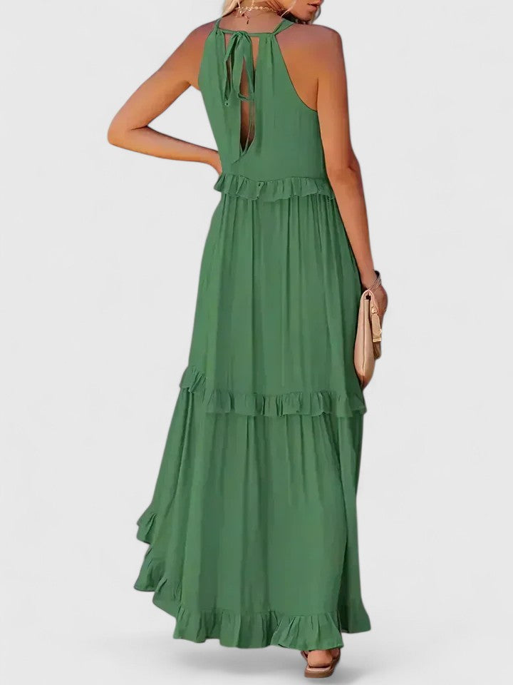 Effortless Ruffle Maxi Dresses for Women with Halter Neck Sleeveless Two Tone Casual Sundress Style