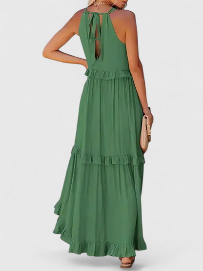 Effortless Ruffle Maxi Dresses for Women with Halter Neck Sleeveless Two Tone Casual Sundress Style