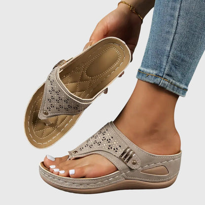 Comfortable Sandals for Women with Toe Loop Laser Cut Wedge Heel Buckle Strap Orthopedic Flip Flop Style