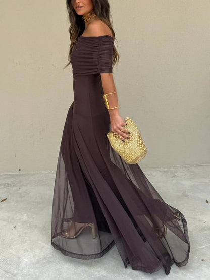Elegant Maxi Dresses for Women with Mesh Off Shoulder Draped Neckline Ruched Bodycon Formal Style