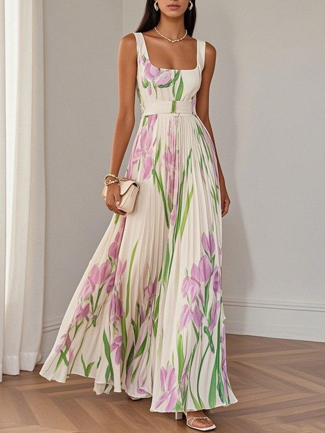 Elegant Floral Chiffon Maxi Dresses for Women with Square Neck Pleated A Line Formal Wedding Guest Style