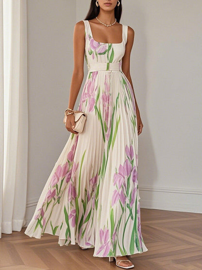 Elegant Floral Chiffon Maxi Dresses for Women with Square Neck Pleated A Line Formal Wedding Guest Style