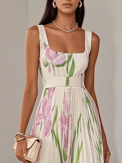 Elegant Floral Chiffon Maxi Dresses for Women with Square Neck Pleated A Line Formal Wedding Guest Style