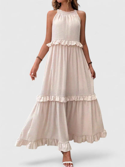 Effortless Ruffle Maxi Dresses for Women with Halter Neck Sleeveless Two Tone Casual Sundress Style