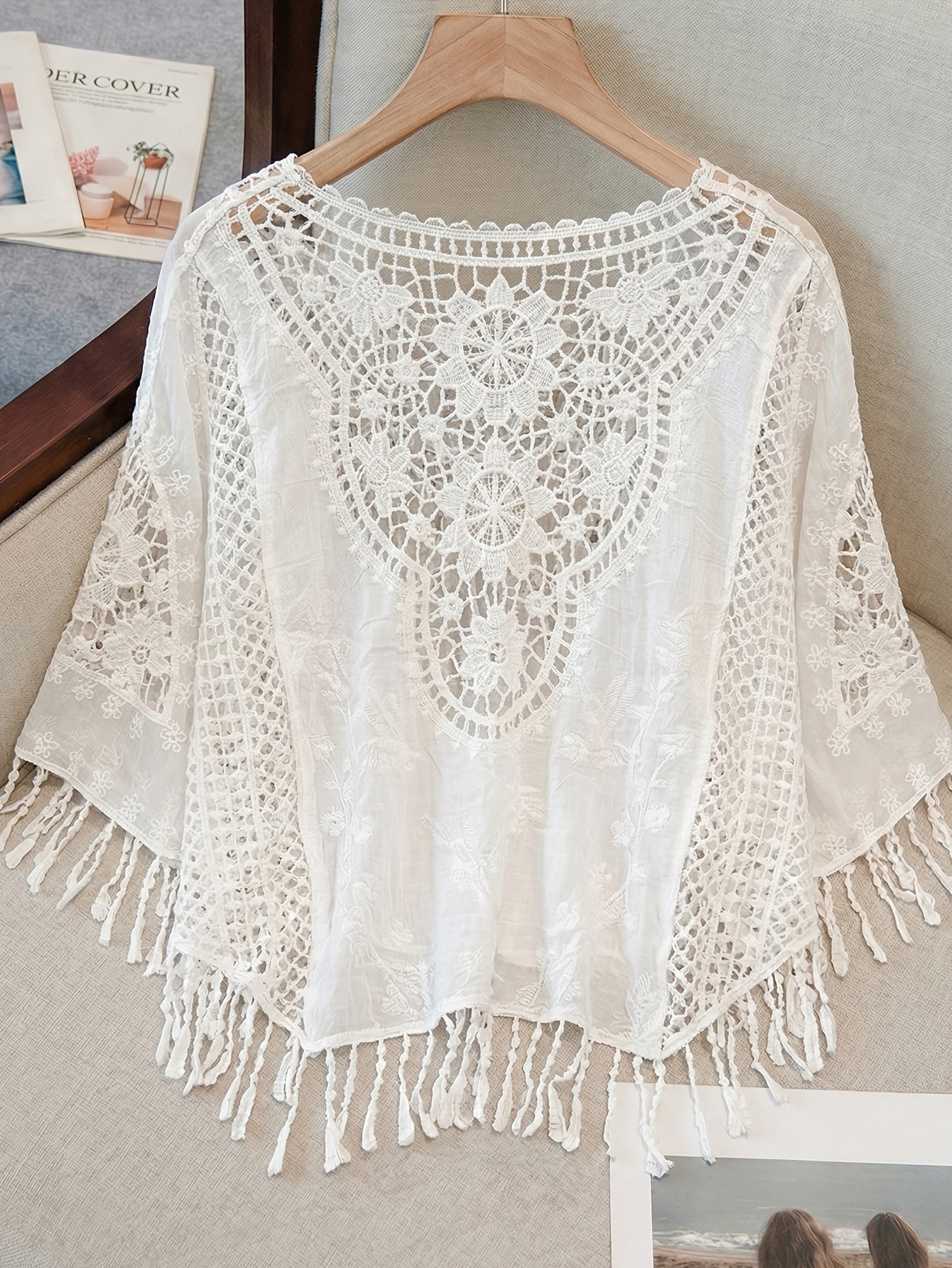 Effortless Ivory Poncho Shirts for Women with Crochet Fringe Hem Style