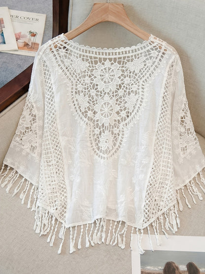 Effortless Ivory Poncho Shirts for Women with Crochet Fringe Hem Style