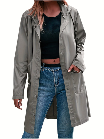 Effortless Hooded Jacket for Women with Button Front Longline Patch Pocket Style