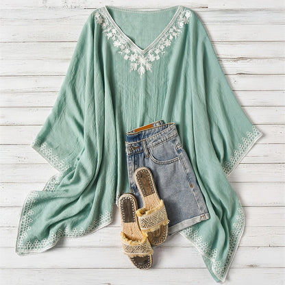 Effortless Poncho Shirt for Women with Embroidered Trim Batwing Sleeve Style