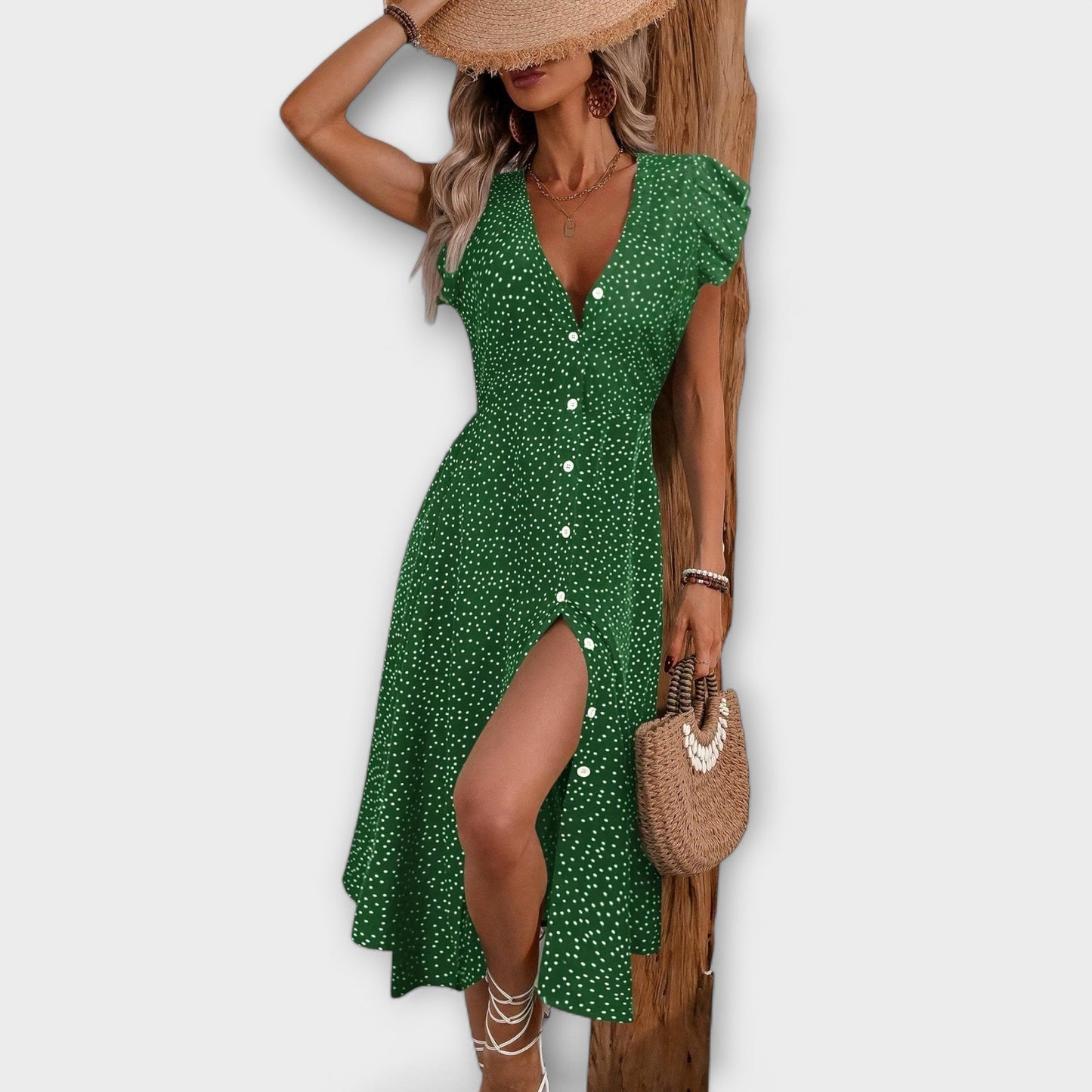 Effortless Polka Dot Midi Dress for Women with Deep V Neck Button Down Flutter Sleeve Casual Style