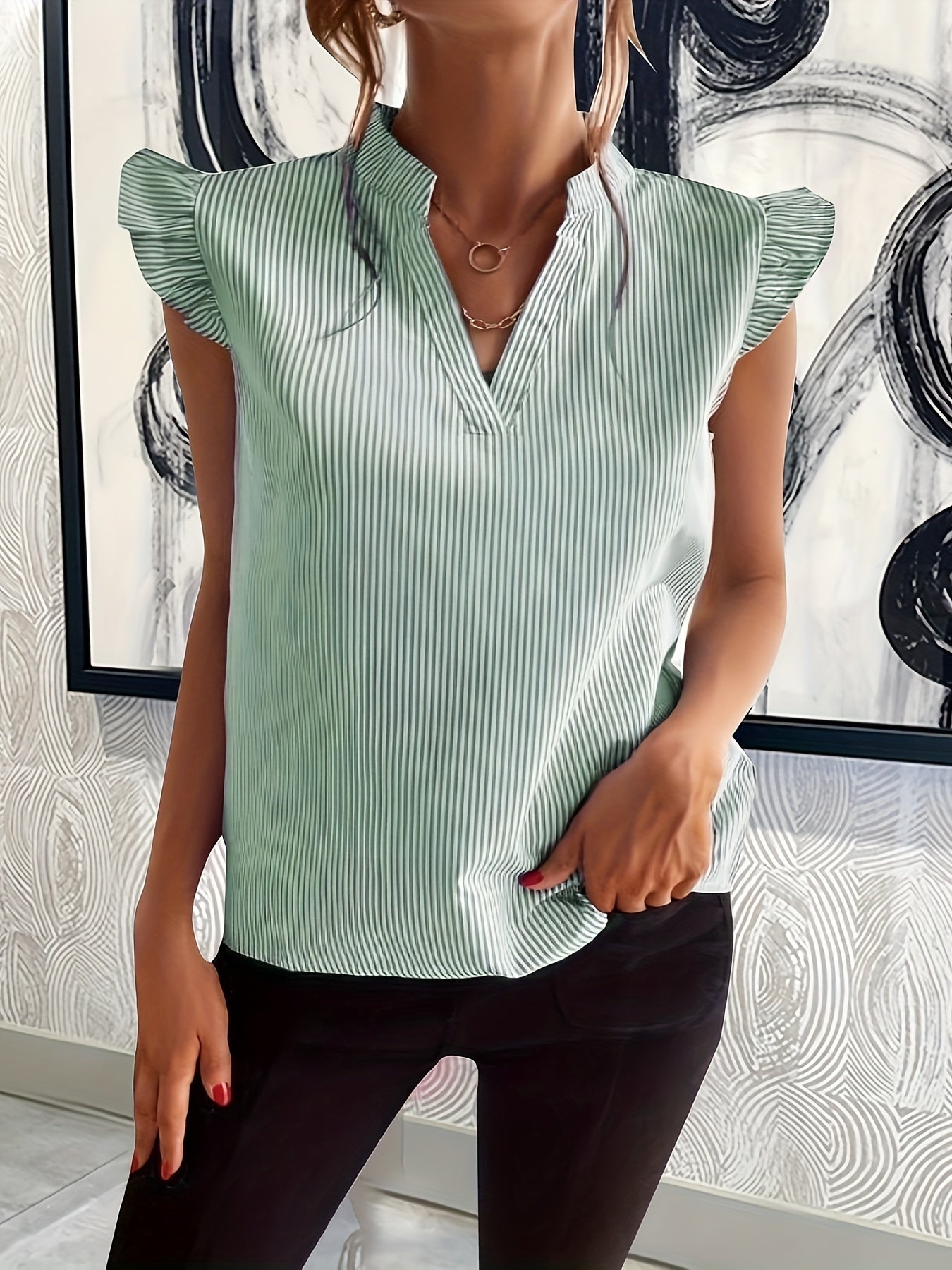 Effortless Striped Blouse for Women with V Neck Ruffle Sleeve