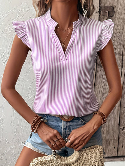 Effortless Striped Blouse for Women with V Neck Ruffle Sleeve