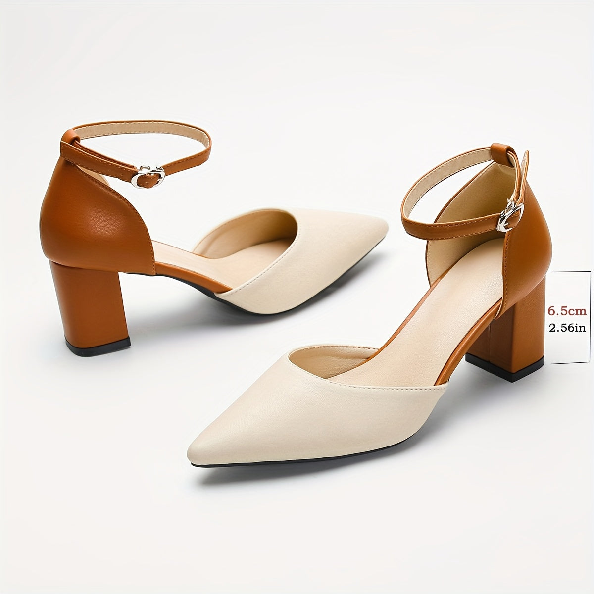 Comfortable Beige Heels for Women with Two Tone Block Heel Ankle Strap Style