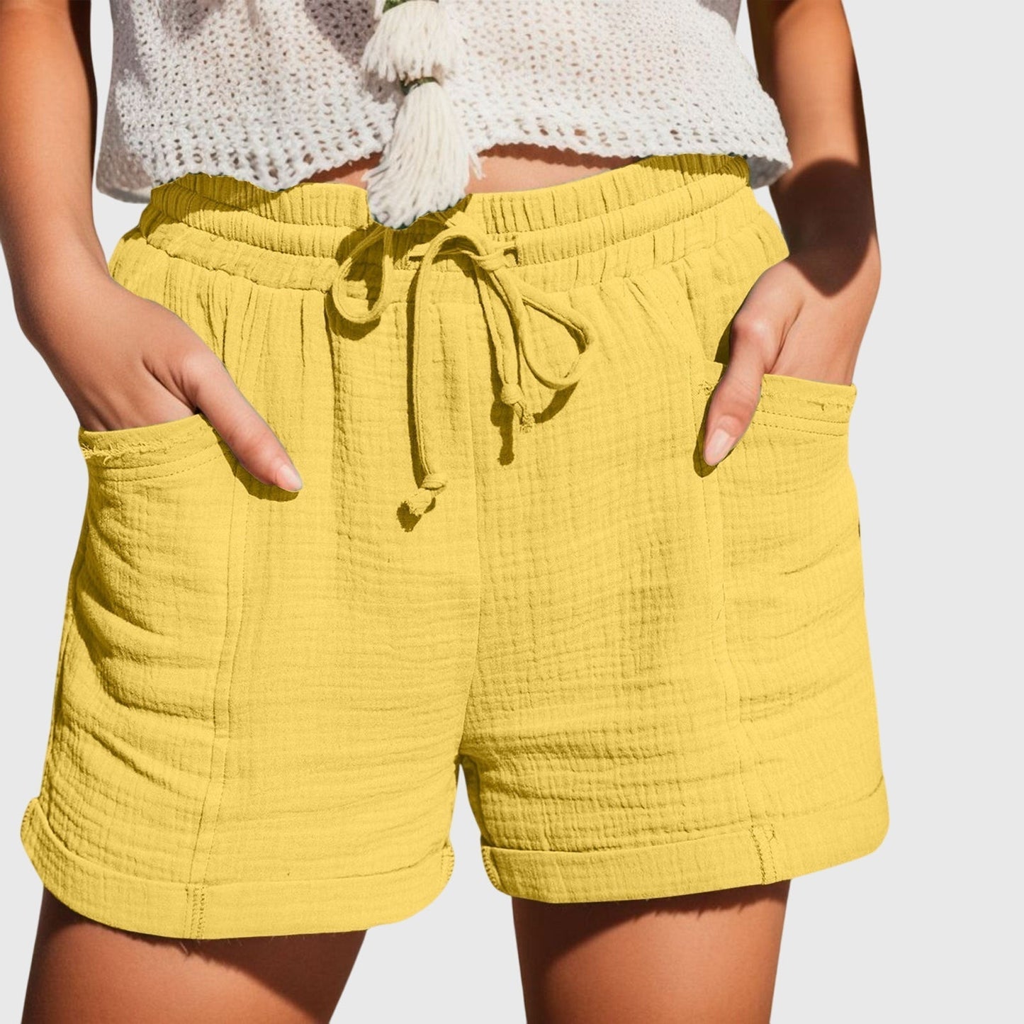 Effortless Cotton Shorts for Women with Drawstring Waist Cuffed Hem Deep Pocket Casual Style