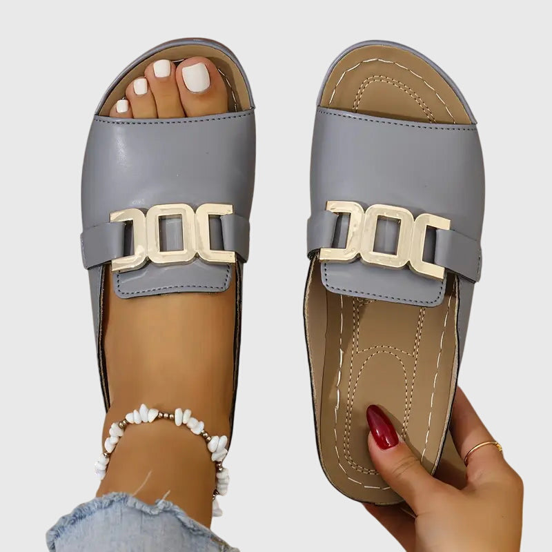 Comfortable Sandals for Women with Flat Slide Gold Chain Buckle Open Toe Casual Summer Style