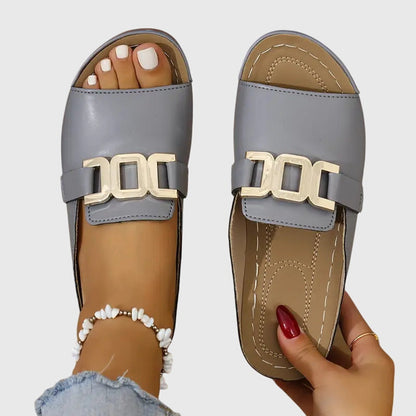 Comfortable Sandals for Women with Flat Slide Gold Chain Buckle Open Toe Casual Summer Style