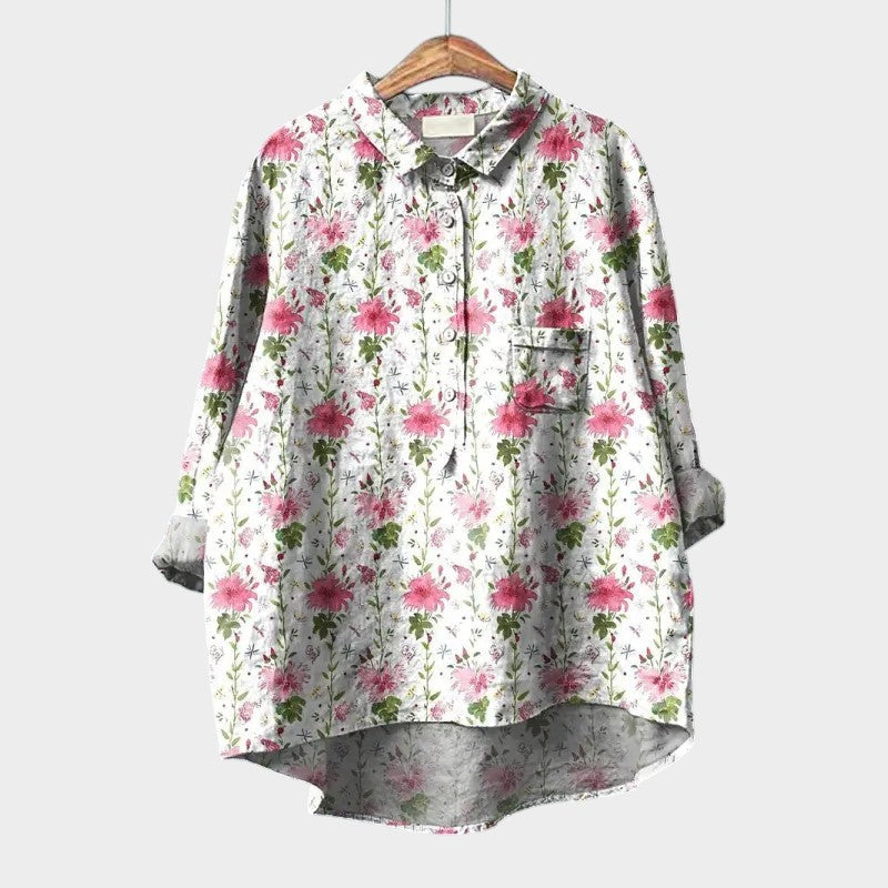 Effortless Floral Print Blouse for Women with Shirt Collar Long Sleeve Curved Hem Relaxed Style